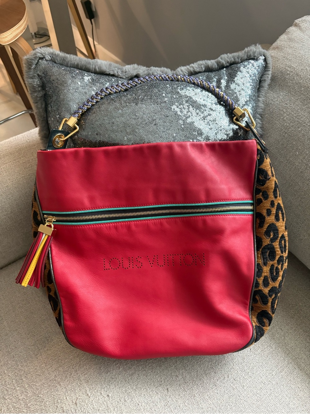 Louis Vuitton Red Leather Hobo with Leopard-Print Sides